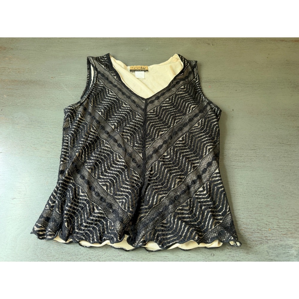 Creative Design Works CDW Black Lace Chevron V-Neck Sleeveless Top Small USA